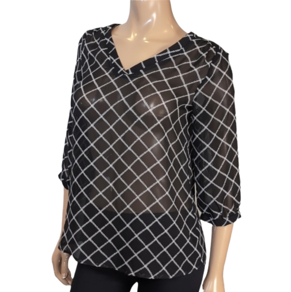 3/$20 Old Navy Diamond Rope Print Chiffon Blouse Black White Womens Size Small